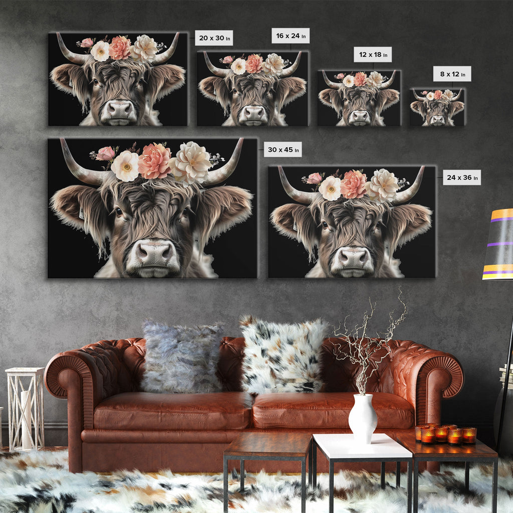 Framed Highland Cow With Flowers Painting canvas print Farmhouse art Cattle Wooden background Country wall art Cow print Rustic Wall Art