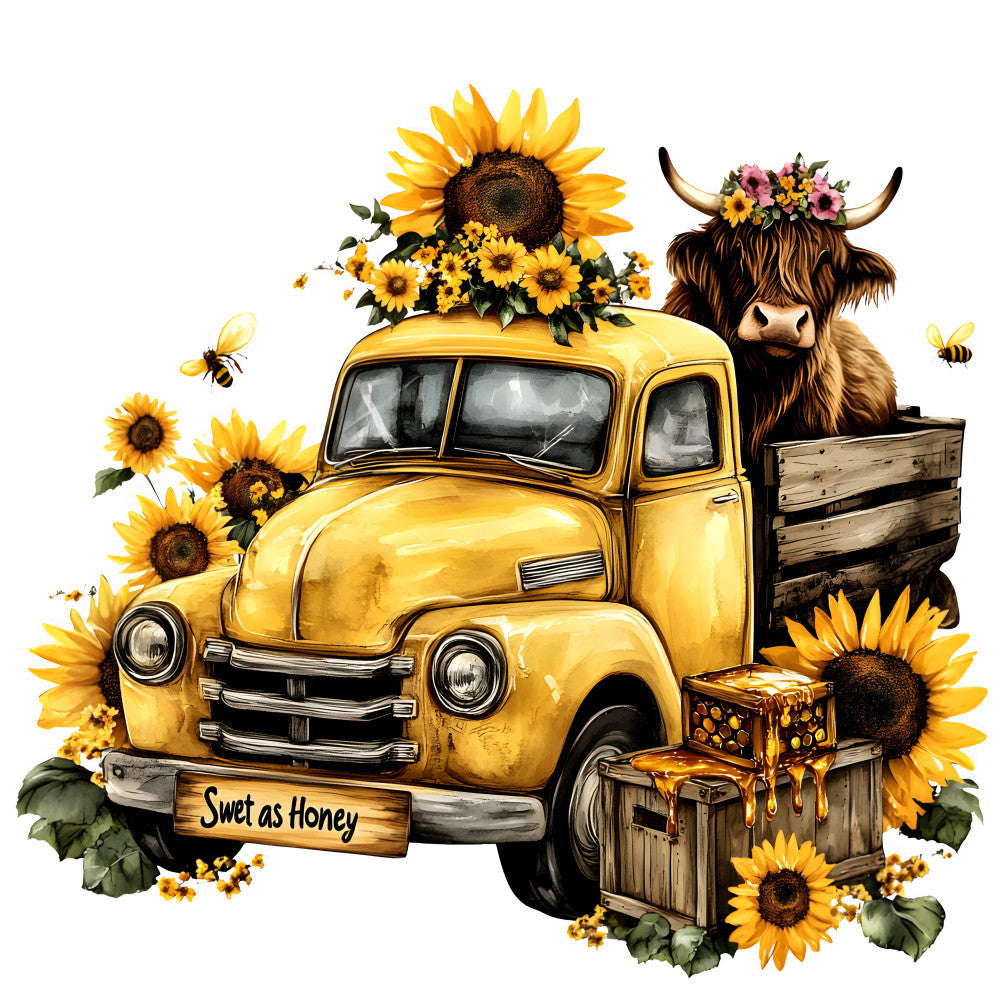 Highland Cows in Vintage Trucks Fabric Panel 1